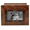 Rosewood photo frame wood pet memorial cremation urn, front, engraved frame, gold fill