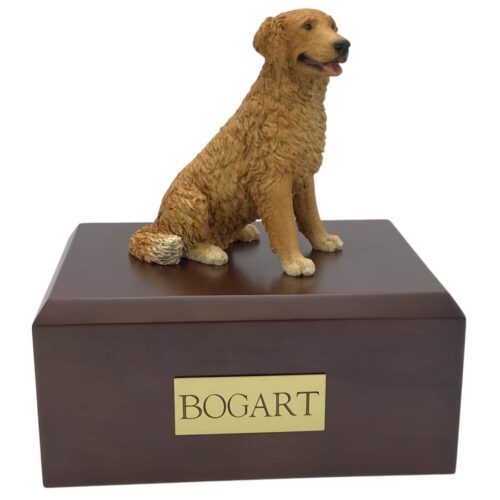 Golden retriever with white paws and tail figurine urn w/wood box, sitting