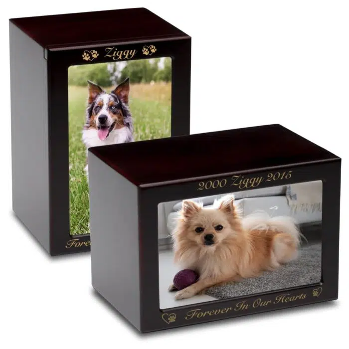 MDF wood memorial pet photo urn, dark cherry finish, engraved, horizontal & vertical