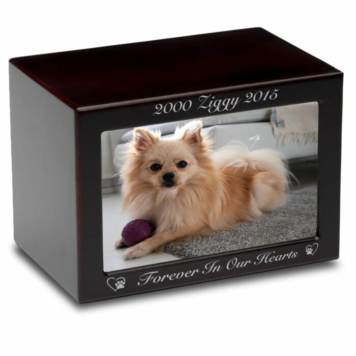 MDF wood memorial pet photo urn, cherry finish, engraved, horizontal, white text