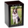 MDF wood memorial pet photo urn, cherry finish, engraved, vertical, silver text