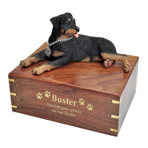 Rottweiler dog figurine wood memorial cremation urn, engraved wood, gold fill