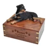 Rottweiler dog figurine wood memorial cremation urn, engraved wood
