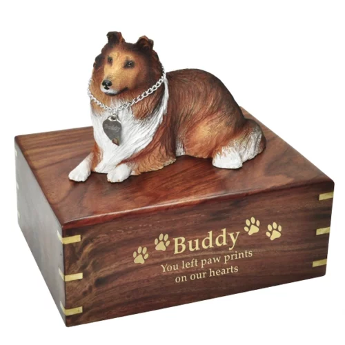 Collie dog figurine wood memorial cremation urn, engraved wood, gold fill