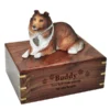 Collie dog figurine wood memorial cremation urn, engraved wood
