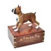 Boxer, tawny & white, cropped ears dog figurine wood memorial cremation urn, engraved wood, gold fill