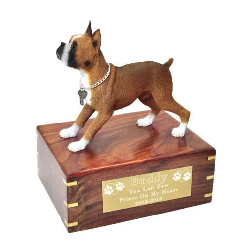 Boxer, tawny & white, cropped ears dog figurine wood memorial cremation urn, engraved plaque
