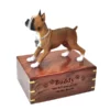 Boxer, tawny & white, cropped ears dog figurine wood memorial cremation urn, engraved wood