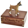 Boxer, brown & white, cropped ears dog figurine wood memorial cremation urn, engraved wood