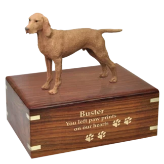 Vizsla dog figurine wood memorial cremation urn, engraved wood, gold fill