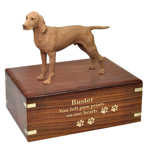 Vizsla dog figurine wood memorial cremation urn, engraved wood, gold fill