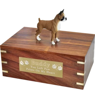 Boxer, brown & white, cropped ears dog figurine wood memorial cremation urn, engraved plaque