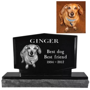 2" laser engraved granite pet headstone with base, diamond style, with original photo