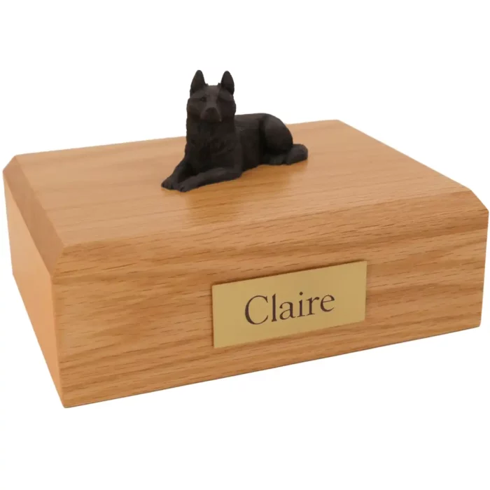 Pet dog figurine wood cremation urn, black german shepherd