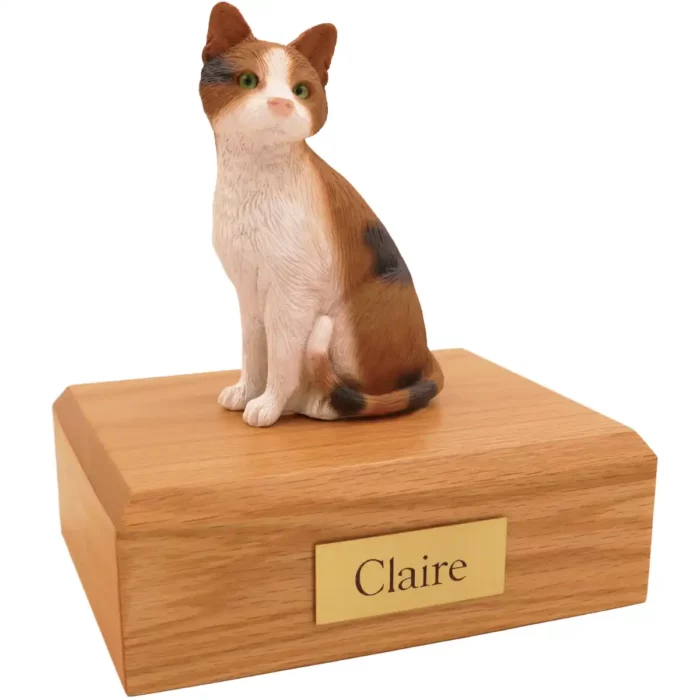 Pet dog figurine wood cremation urn, orange, black and white calico cat