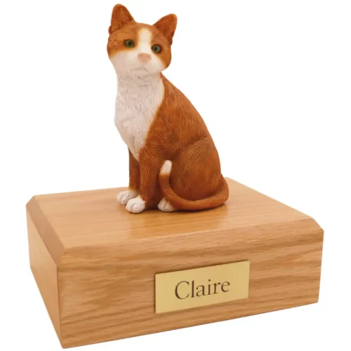 Pet dog figurine wood cremation urn, orange and white cat