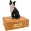 Pet dog figurine wood cremation urn, black and white tuxedo cat