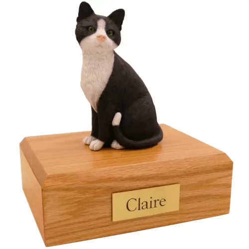 Pet dog figurine wood cremation urn, black and white tuxedo cat