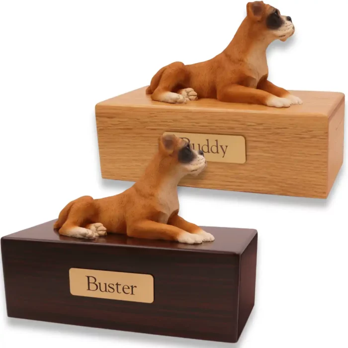 Budget dog figurine cremation urn, oak or walnut, with ears down Boxer figurine, engraved brass plaque