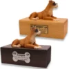 Budget dog figurine cremation urn, oak or walnut, with ears down Boxer figurine, engraved acrylic plaque