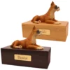 Budget dog figurine cremation urn, oak or walnut, with ears up Boxer figurine, engraved brass plaque