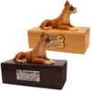 Budget dog figurine cremation urn, oak or walnut, with ears up Boxer figurine, engraved acrylic plaque