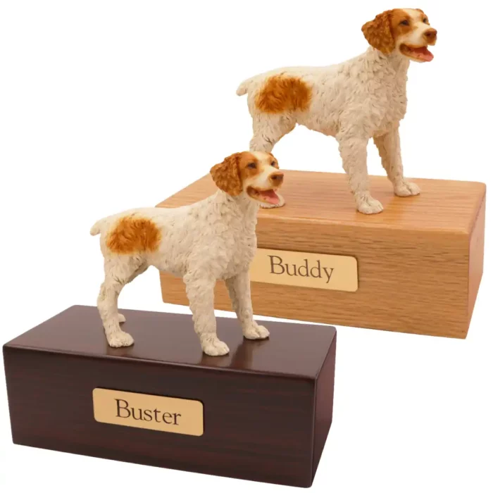 Budget dog figurine cremation urn, oak or walnut, with Brittany Spaniel figurine, engraved brass plaque