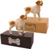 Budget dog figurine cremation urn, oak or walnut, with Brittany Spaniel figurine, engraved acrylic plaque