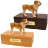 Budget dog figurine cremation urn, oak or walnut, with Bulldog figurine, engraved brass plaque