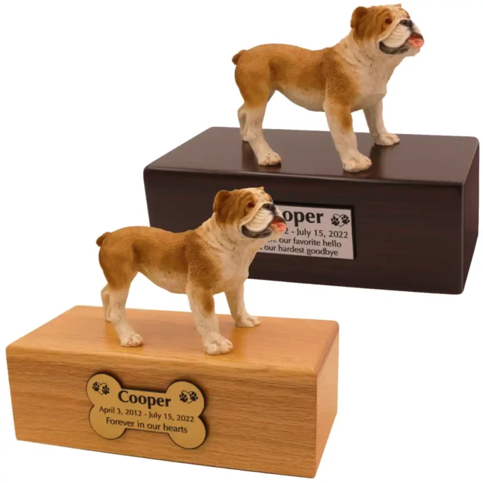 Budget dog figurine cremation urn, oak or walnut, with Bulldog figurine, engraved acrylic plaque