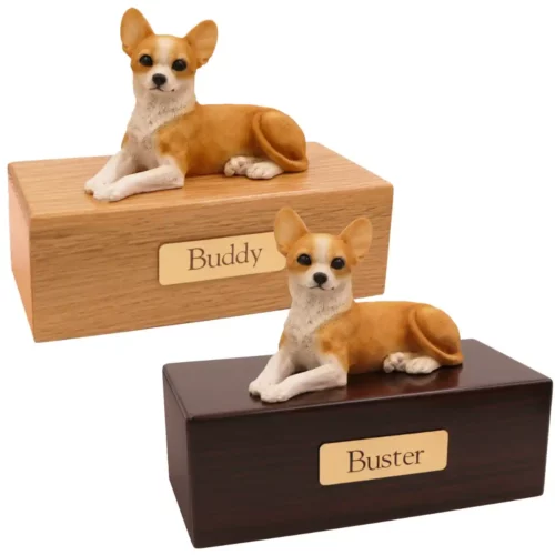 Budget dog figurine cremation urn, oak or walnut, with Chihuahua figurine, engraved brass plaque