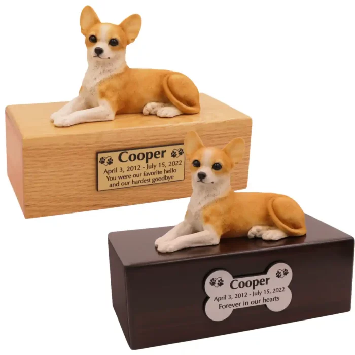 Budget dog figurine cremation urn, oak or walnut, with Chihuahua figurine, engraved acrylic plaque