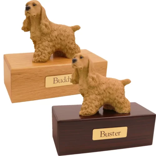 Budget dog figurine cremation urn, oak or walnut, with Buff Cocker Spaniel figurine, engraved brass plaque