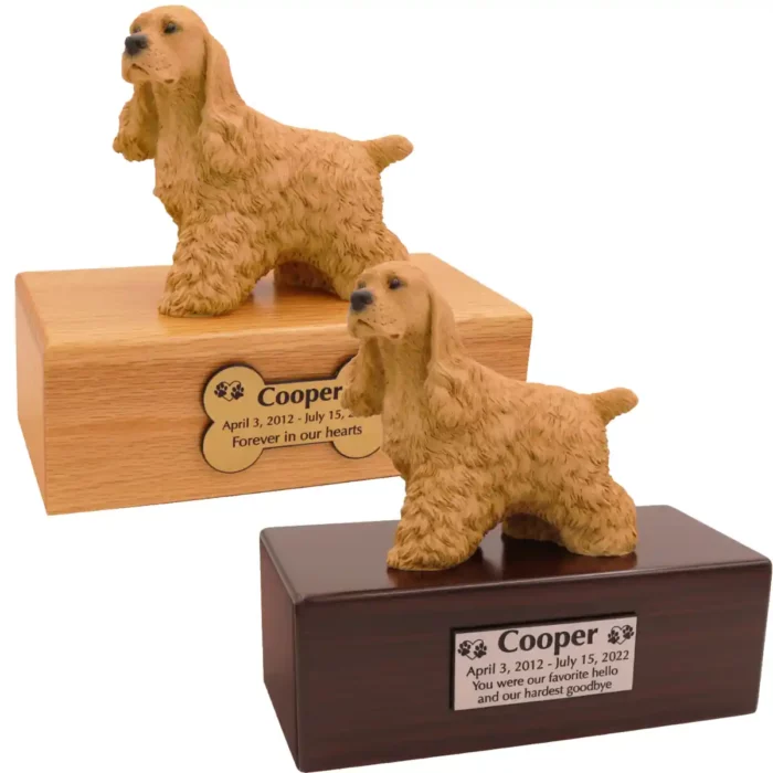 Budget dog figurine cremation urn, oak or walnut, with Buff Cocker Spaniel figurine, engraved acrylic plaque