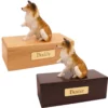 Budget dog figurine cremation urn, oak or walnut, with Collie figurine, engraved brass plaque