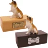 Budget dog figurine cremation urn, oak or walnut, with Collie figurine, engraved acrylic plaque