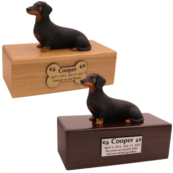 Budget dog figurine cremation urn, oak or walnut, with black Dachshund figurine, engraved acrylic plaque