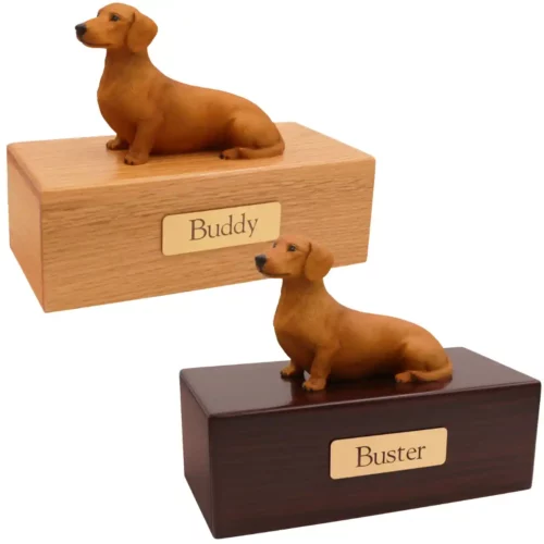 Budget dog figurine cremation urn, oak or walnut, with red Dachshund figurine, engraved brass plaque