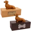 Budget dog figurine cremation urn, oak or walnut, with red Dachshund figurine, engraved acrylic plaque