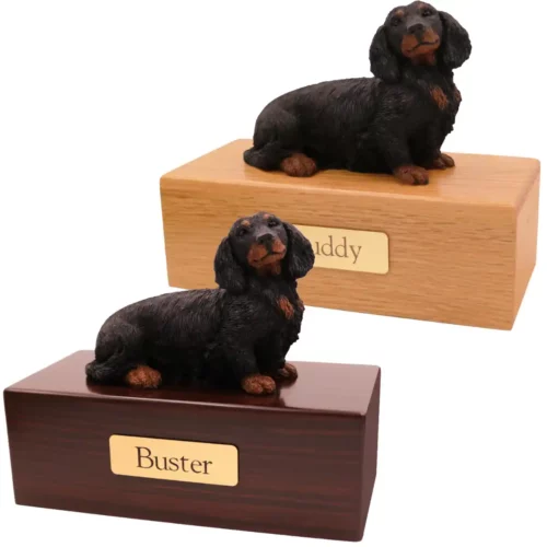 Budget dog figurine cremation urn, oak or walnut, with black long-haired dachshund figurine, engraved brass plaque