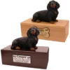 Budget dog figurine cremation urn, oak or walnut, with black long-haired dachshund figurine, engraved acrylic plaque