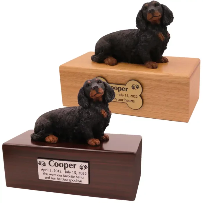 Budget dog figurine cremation urn, oak or walnut, with black long-haired dachshund figurine, engraved acrylic plaque