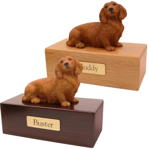 Budget dog figurine cremation urn, oak or walnut, with red long-haired dachshund figurine, engraved brass plaque