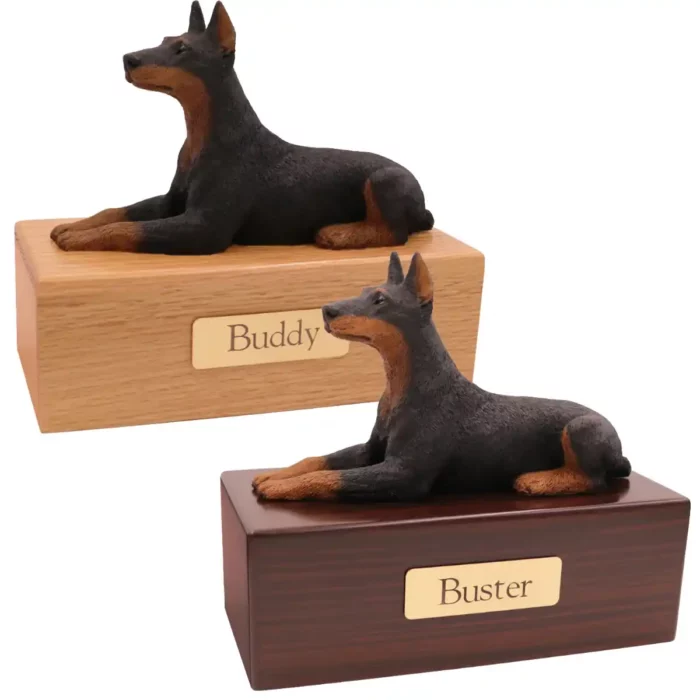 Budget dog figurine cremation urn, oak or walnut, with red laying doberman pinscher figurine, engraved brass plaque