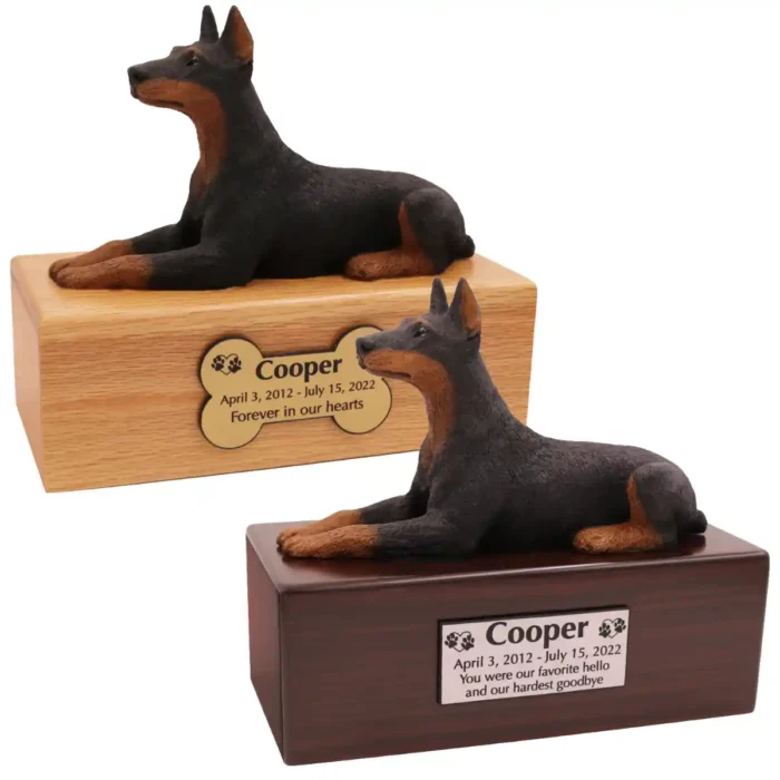 Budget dog figurine cremation urn, oak or walnut, with red laying doberman pinscher figurine, engraved acrylic plaque