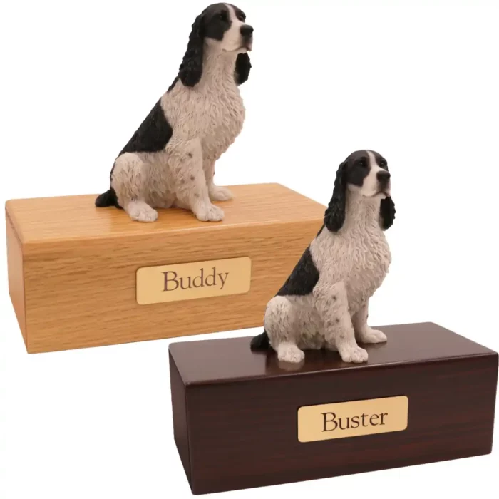 Budget dog figurine cremation urn, oak or walnut, with black white springer spaniel figurine, engraved brass plaque