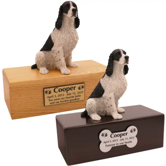 Budget dog figurine cremation urn, oak or walnut, with black white springer spaniel figurine, engraved acrylic plaque