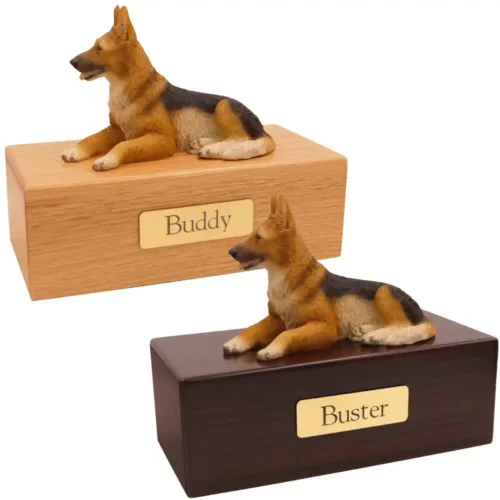 Budget dog figurine cremation urn, oak or walnut, with german shepherd figurine, engraved brass plaque