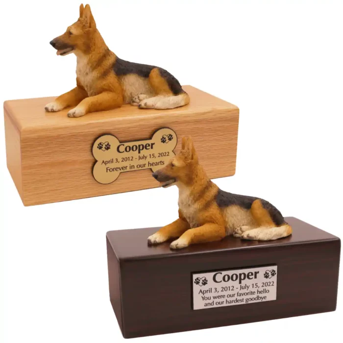 Budget dog figurine cremation urn, oak or walnut, with german shepherd figurine, engraved acrylic plaque