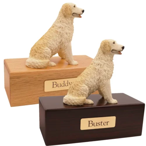 Budget dog figurine cremation urn, oak or walnut, with blond golden retriever figurine, engraved brass plaque